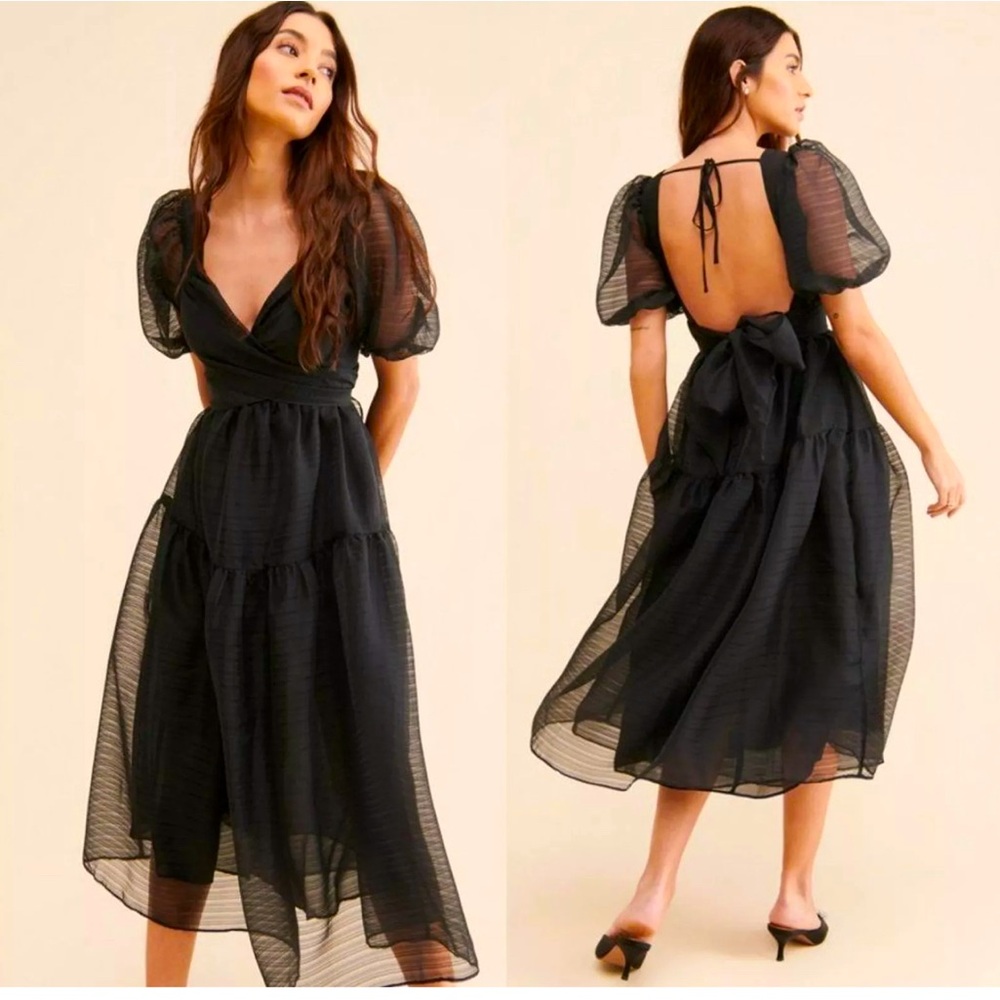 Free People Hailey Dress in Black .Midi with wrap tie with sheer puffed sleeves